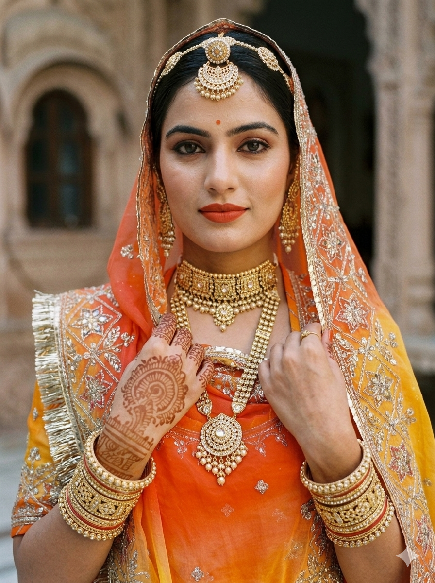 Orange Mustard Pure Georgette Lahariya Print 16 Kali Flair With Gotta Patti Rajasthani Rajputi Lehenga Choli