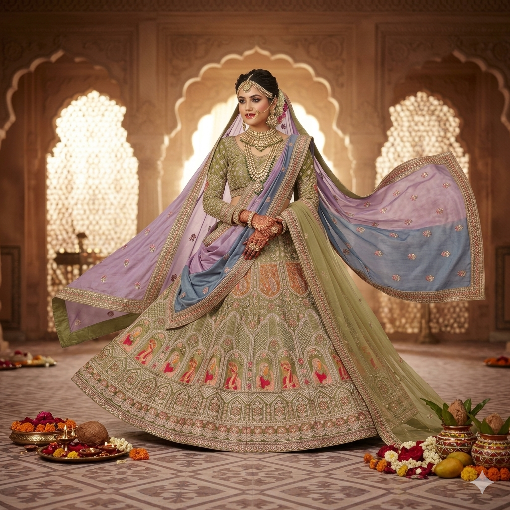Mehandi Pure Soft Velvet Heavy Embroidery Patch Work Bridal Lehenga Choli