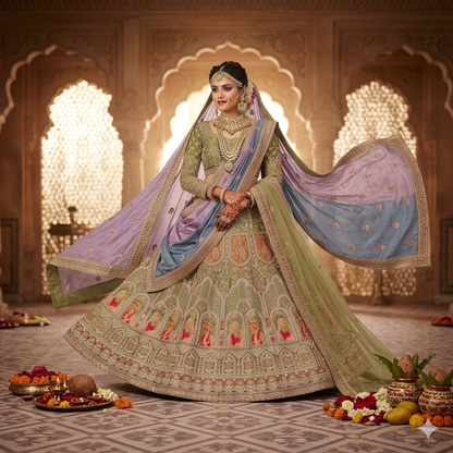 Mehandi Pure Soft Velvet Heavy Embroidery Patch Work Bridal Lehenga Choli