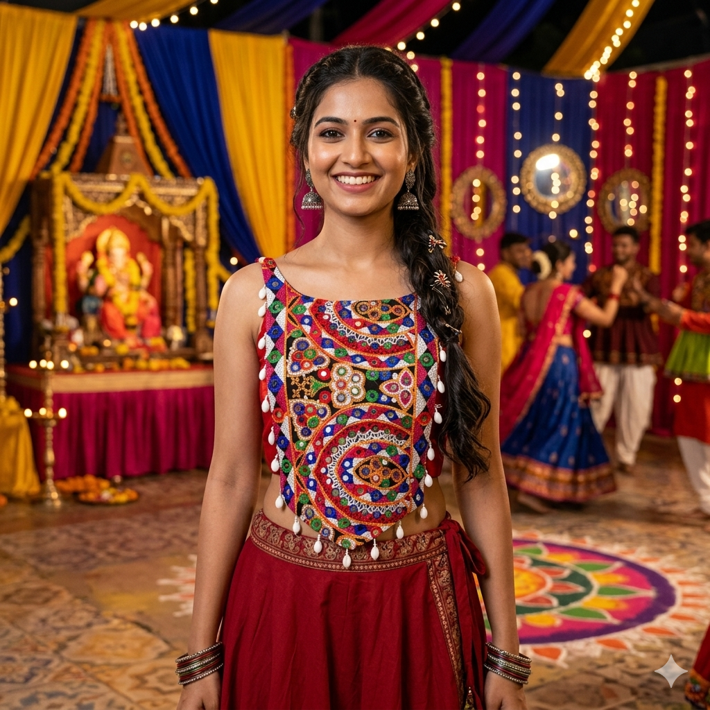 Maroon Pure Soft Cotton Thread with Kaudi Hand Mirror Work Navratri Blouse