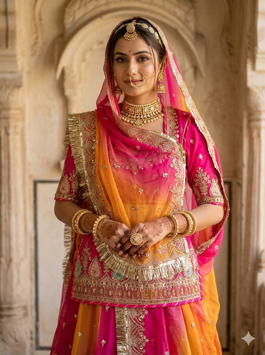 Pink &amp; Orange Pure Georgette Lahariya Print 16 Kali Flair With Gotta Patti Rajasthani Rajputi Lehenga Choli