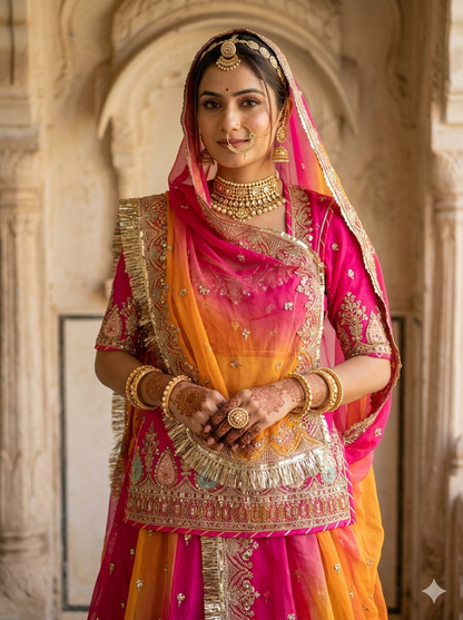 Pink &amp; Orange Pure Georgette Lahariya Print 16 Kali Flair With Gotta Patti Rajasthani Rajputi Lehenga Choli