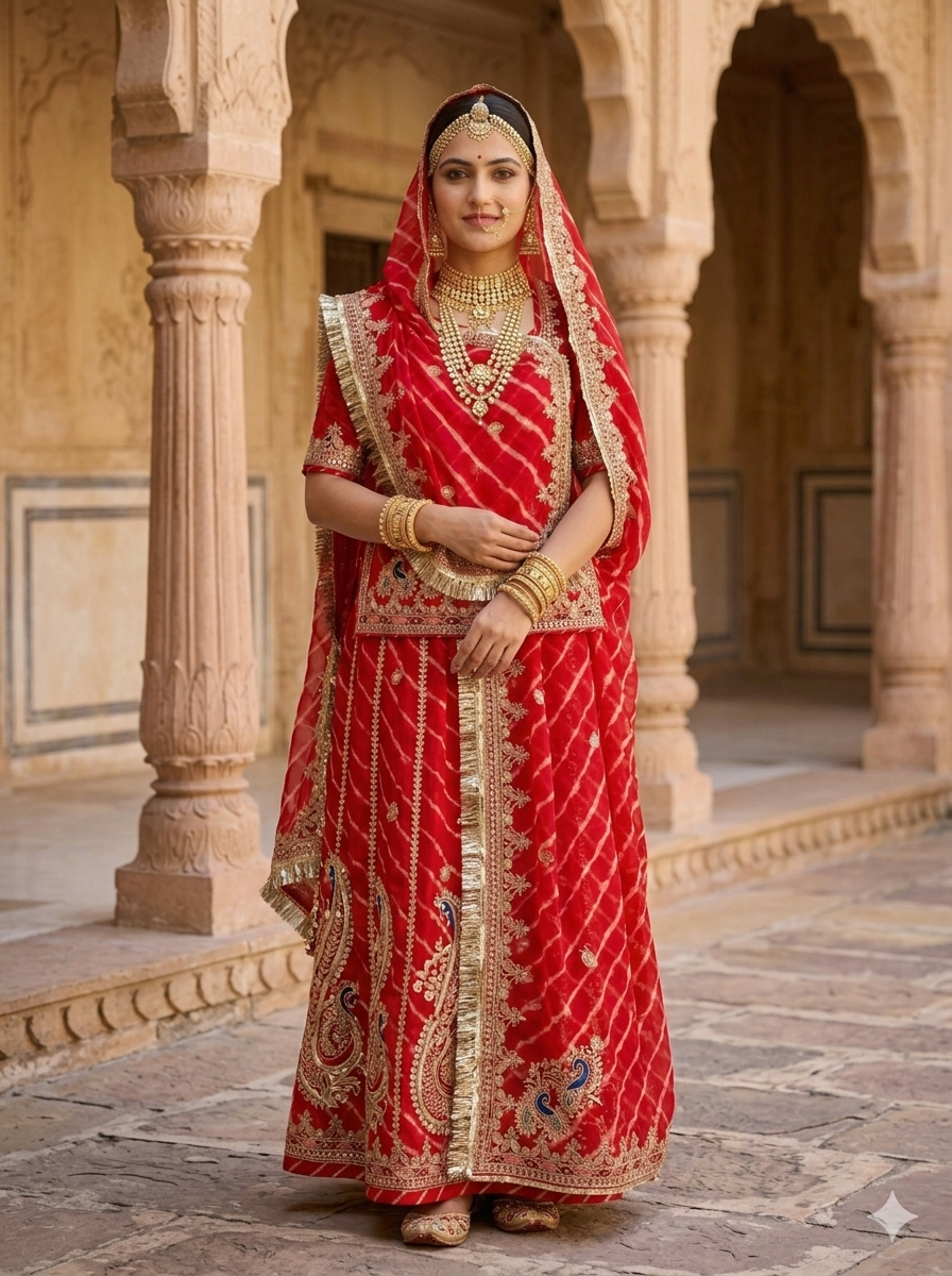 Red Pure Georgette Lehariya Chunni Rajasthani Chaniya Choli
