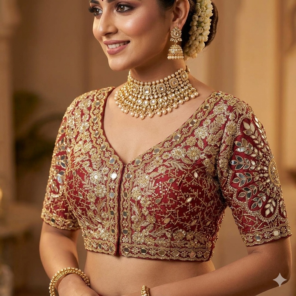 Maroon Pure Heavy Jari Sequence Peacock Real Mirror Work Bridal Blouse