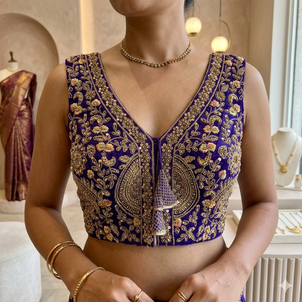 Purple Pure Soft Italian Silk Heavy Codding Sequins Work Bridal Blouse