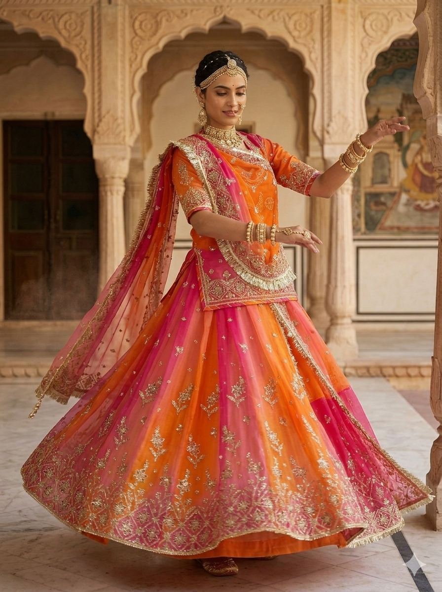 Orange &amp; Pink Pure Georgette Lahariya Print 16 Kali Flair With Gotta Patti Rajasthani Rajputi Lehenga Choli