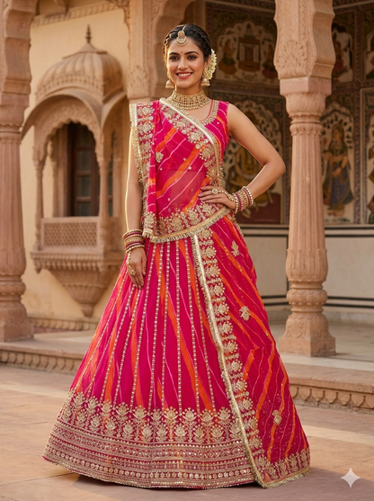 Orange Pure Semi Georgette Lahariya Print Gotta Patti Rajasthani Rajputi Lehenga Choli