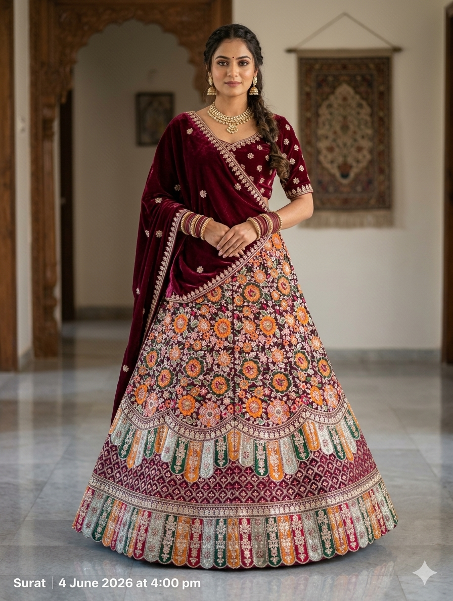 Maroon Pure Soft Velvet Heavy Embroidery Patch Work Bridal Lehenga Choli