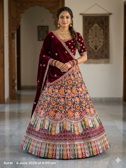 Maroon Pure Soft Velvet Heavy Embroidery Patch Work Bridal Lehenga Choli