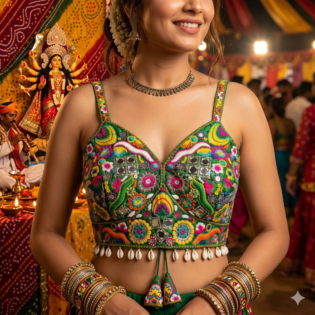 Green Pure Heavy Italian Soft Silk Real Mirror Thread &amp; Kaudi Work Navratri Blouse