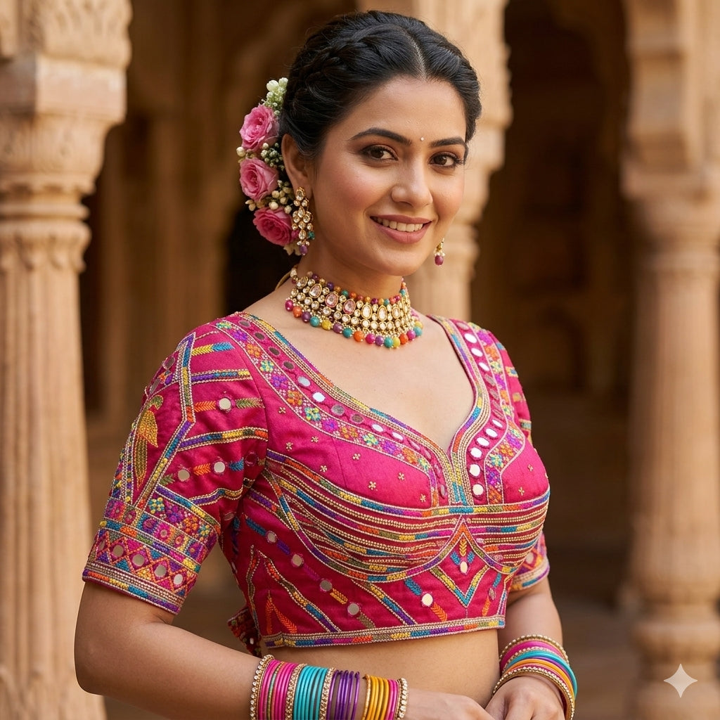 Rani Pure Heavy Italian Soft Silk Beads Thread Real Mirror Work Navratri Blouse
