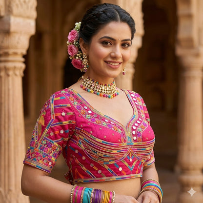 Rani Pure Heavy Italian Soft Silk Beads Thread Real Mirror Work Navratri Blouse