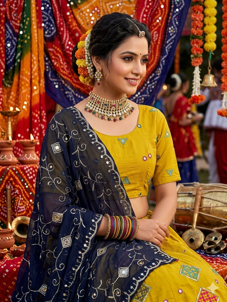 Yellow Pure Roman silk Embroidery sequin Work Navratri Lehenga Choli