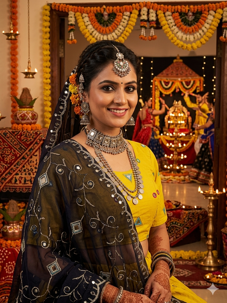 Yellow Pure Roman silk Embroidery sequin Work Navratri Lehenga Choli