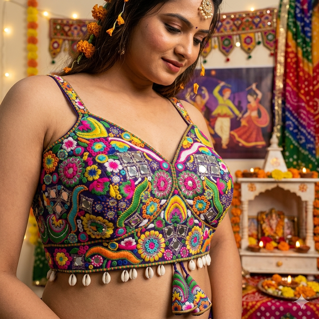 Purple Pure Heavy Italian Soft Silk Real Mirror Thread &amp; Kaudi Work Navratri Blouse