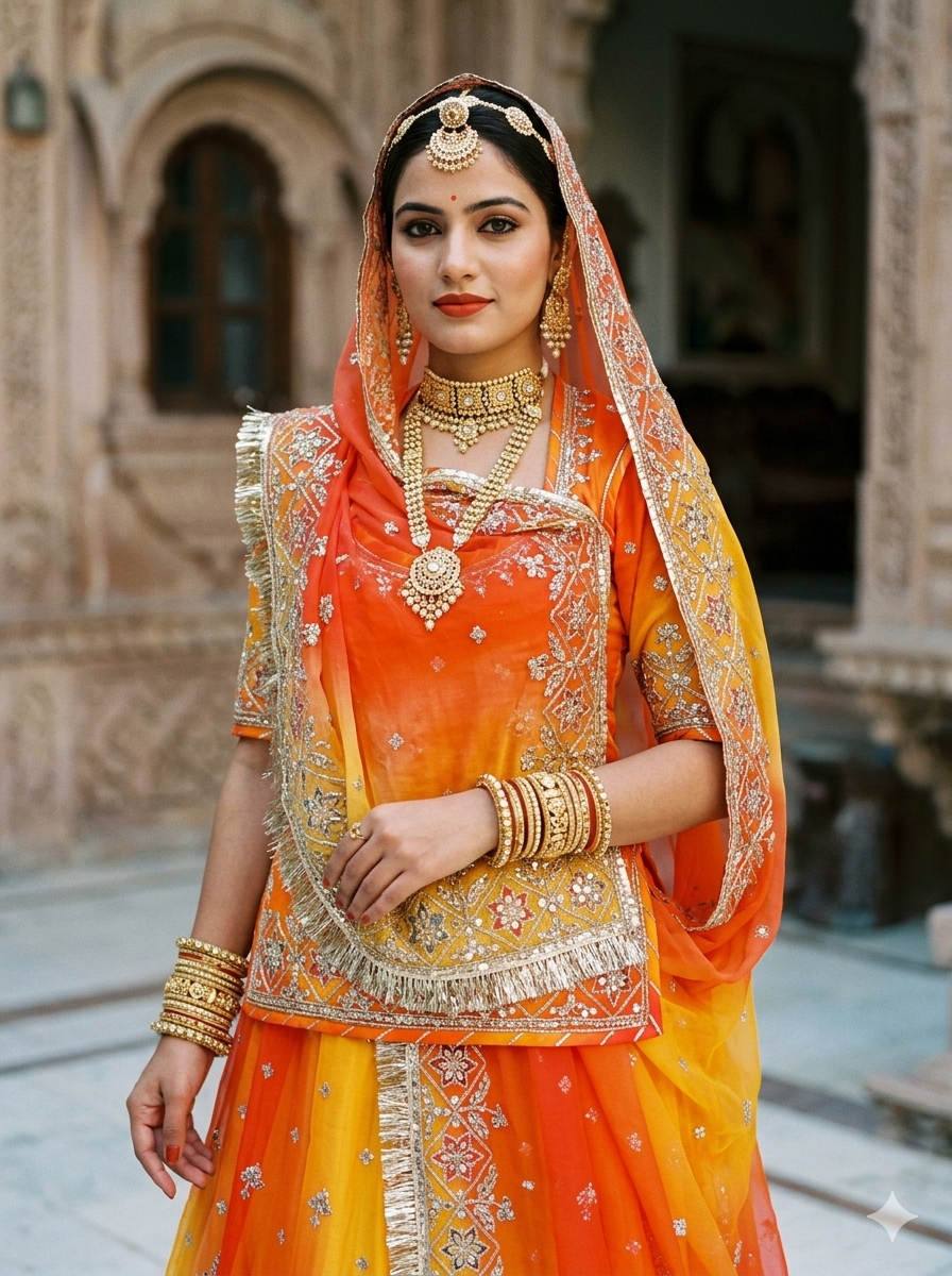 Orange Mustard Pure Georgette Lahariya Print 16 Kali Flair With Gotta Patti Rajasthani Rajputi Lehenga Choli