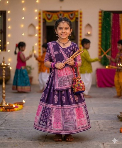 Purple Pure Heavy Silk Digital Ajarak Print Kid&