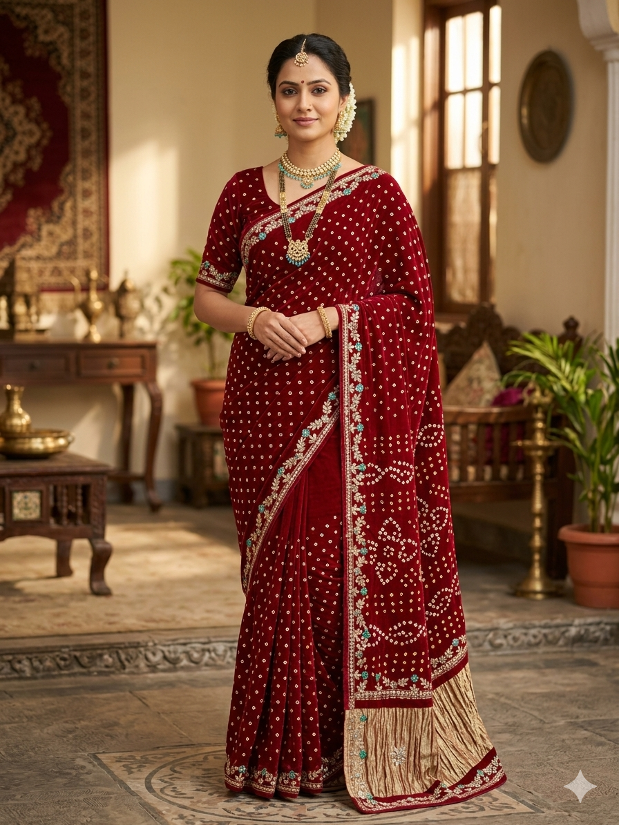 Maroon Pure Gaji Silk Original Bandhani With Gota Pati Hand Work Gajji Silk Saree