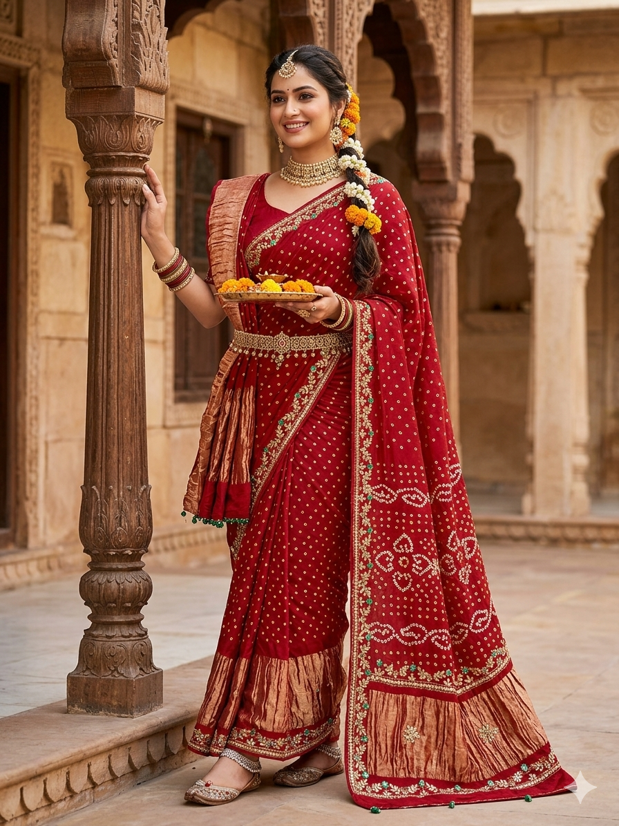 Red Pure Gaji Silk Original Bandhani With Gota Pati Hand Work Gajji Silk Saree