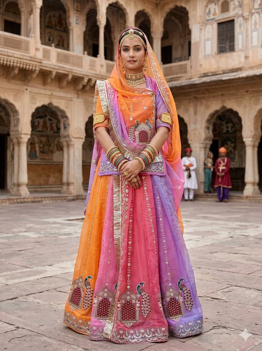 Multi Pure Gold Crush 06 Mtr Flair Lehariya Chunni Rajasthani Rajputi Lehenga Choli