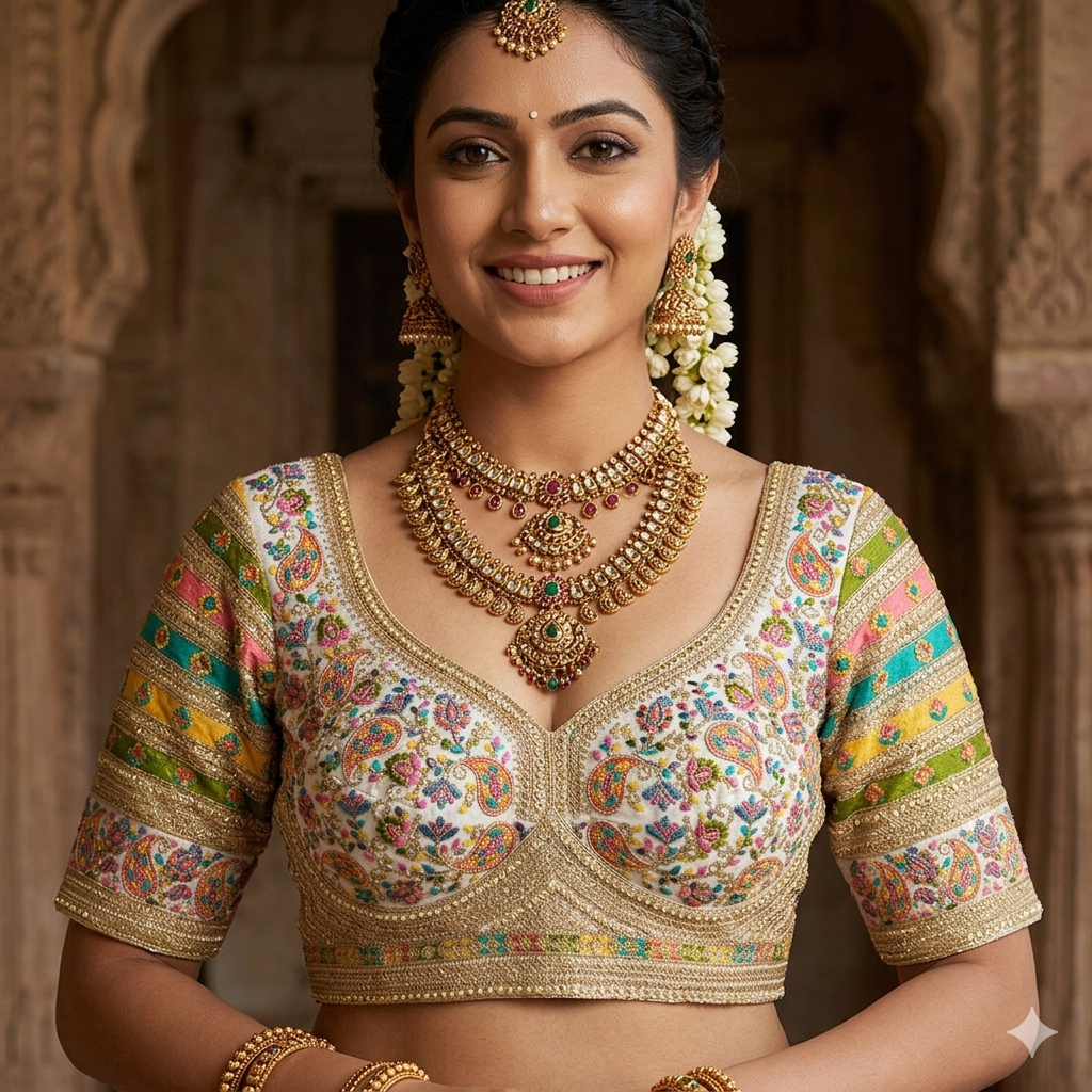White Pure Fox Georgette Kashmiri Work Sabyasachi Inspired Bridal Blouse