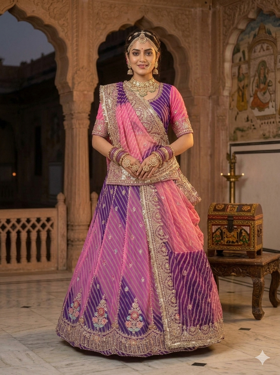 Purple Pure Georgette Lahariya Print 05 Mte Flair With Gotta Patti Rajasthani Rajputi Lehenga Choli