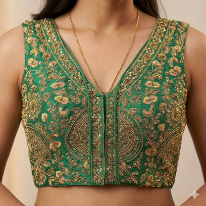 Green Pure Soft Italian Silk Heavy Codding Sequins Work Bridal Blouse
