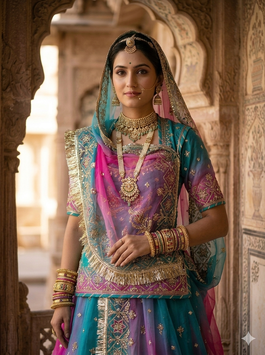 Magenta Pink Pure Georgette Lahariya Print 16 Kali Flair With Gotta Patti Rajasthani Rajputi Lehenga Choli