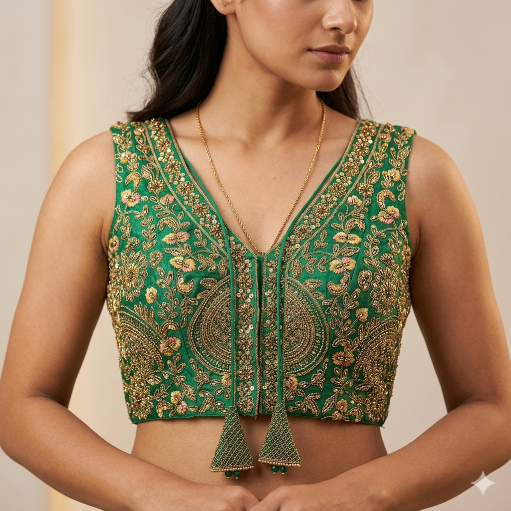 Green Pure Soft Italian Silk Heavy Codding Sequins Work Bridal Blouse