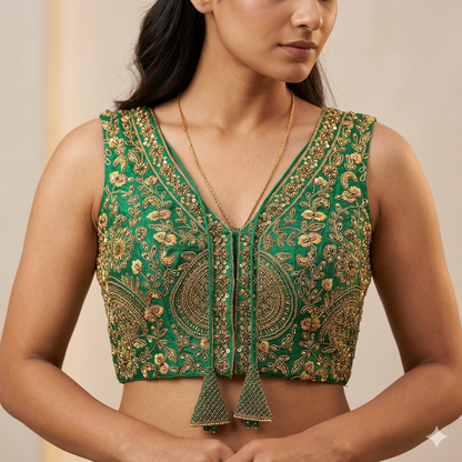 Green Pure Soft Italian Silk Heavy Codding Sequins Work Bridal Blouse