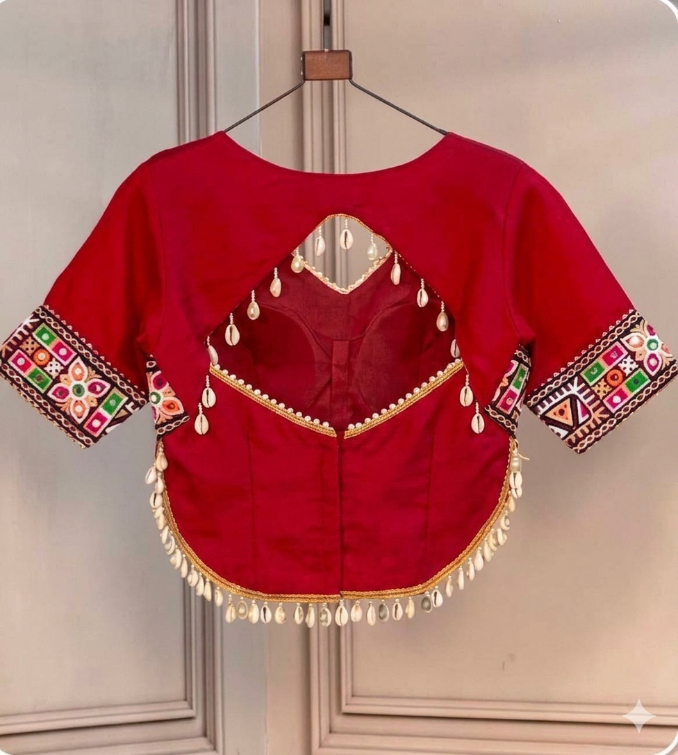 Red Pure Roman Silk Kutchi Gamthi Embroidered Work Navratri Blouse