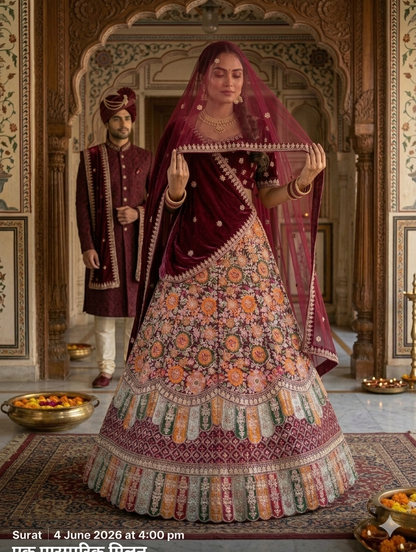 Maroon Pure Soft Velvet Heavy Embroidery Patch Work Bridal Lehenga Choli