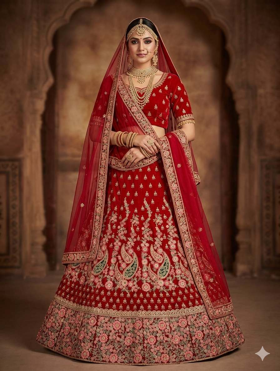 Red Pure Soft Velvet Heavy Embroidery Patch Work Bridal Lehenga Choli