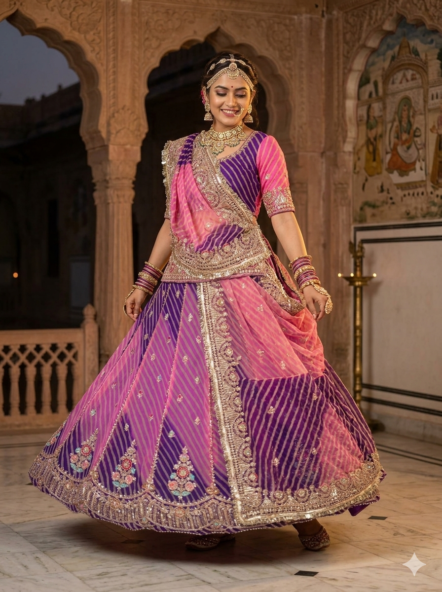 Purple Pure Georgette Lahariya Print 05 Mte Flair With Gotta Patti Rajasthani Rajputi Lehenga Choli