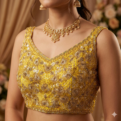 Yellow Pure Soft Heavy Beads &amp; Sequence Jari Work Navratri Blouse