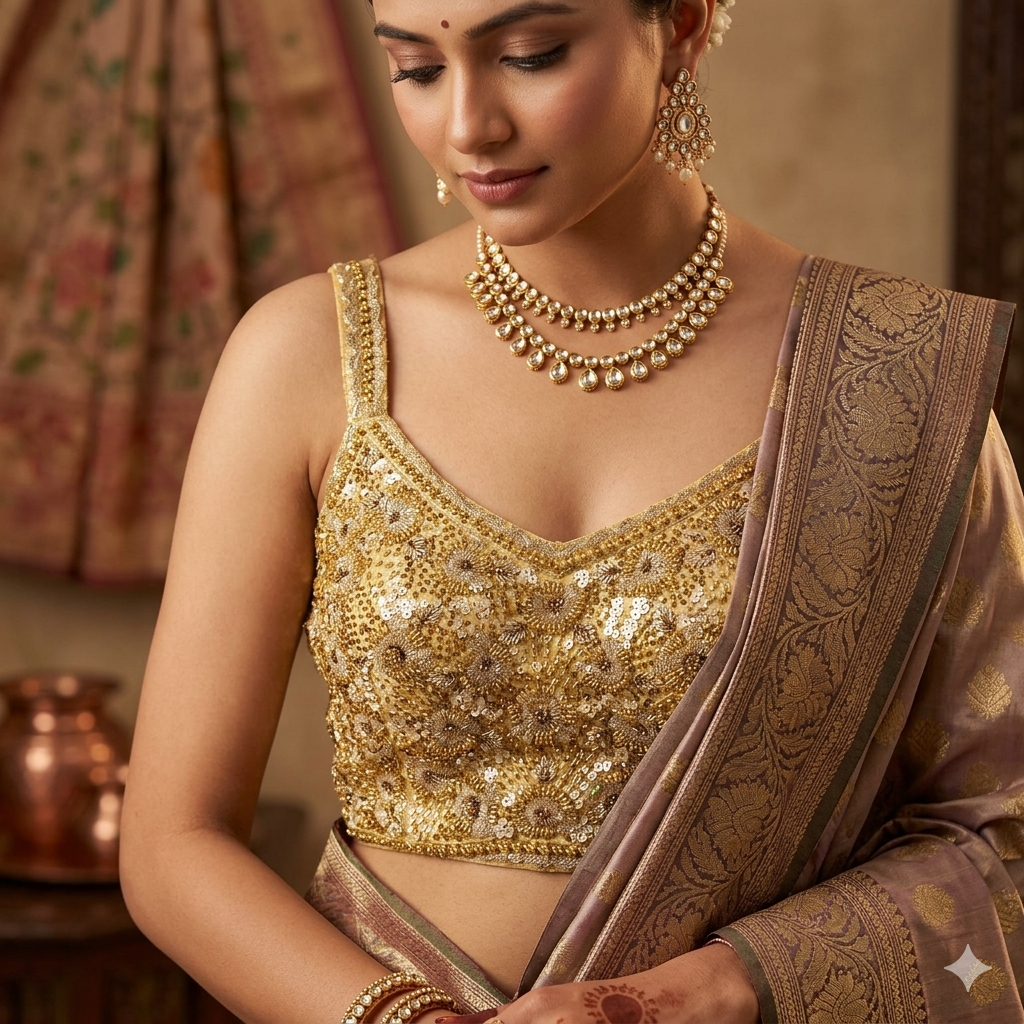 Gold Pure Soft Heavy Beads &amp; Sequence Jari Work Navratri Blouse