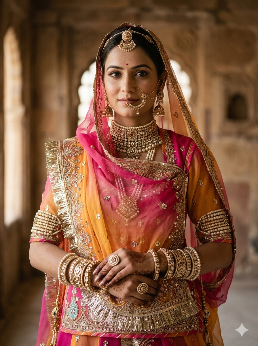 Pink &amp; Orange Pure Georgette Lahariya Print 16 Kali Flair With Gotta Patti Rajasthani Rajputi Lehenga Choli
