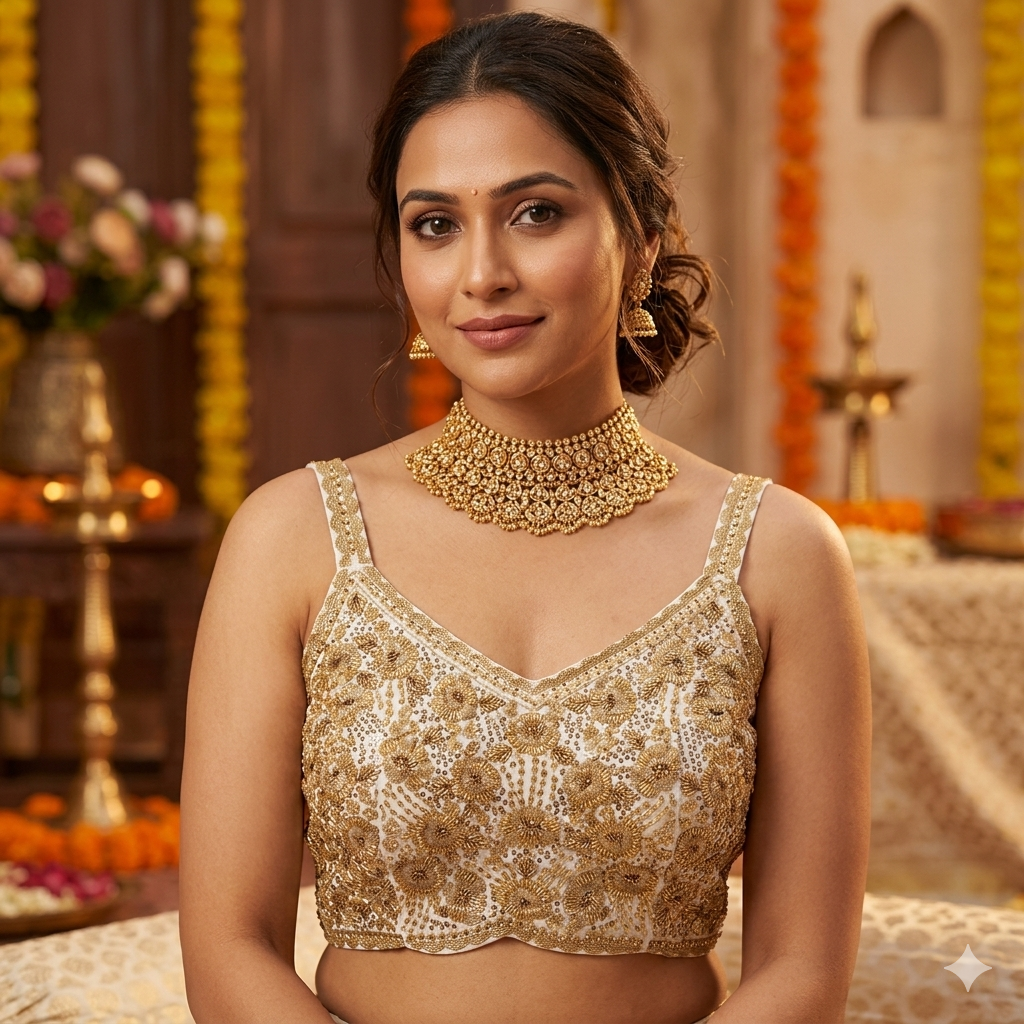 White Pure Soft Heavy Beads &amp; Sequence Jari Work Navratri Blouse