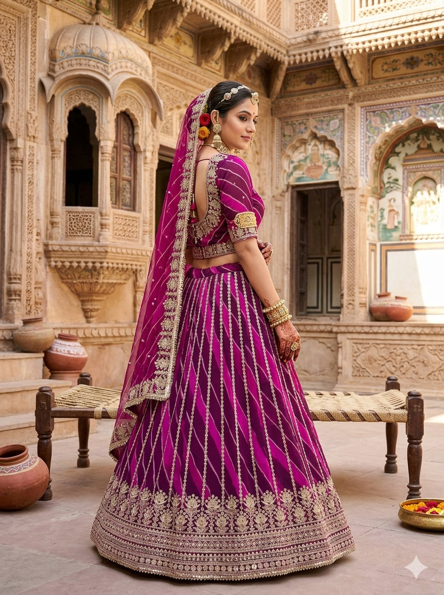 Magenta Pure Semi Georgette Lahariya Print Gotta Patti Rajasthani Rajputi Lehenga Choli