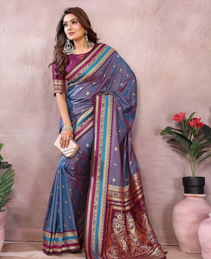 Dusty Blue Pure Handloom Kalamkari Silk Saree Kalamkari Saree Anant Tex Exports Pvt.Ltd..