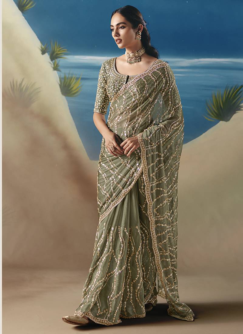 Light Olive Fancy Satin Organza Silk Zari Embroidered Sequins With Bridal Saree