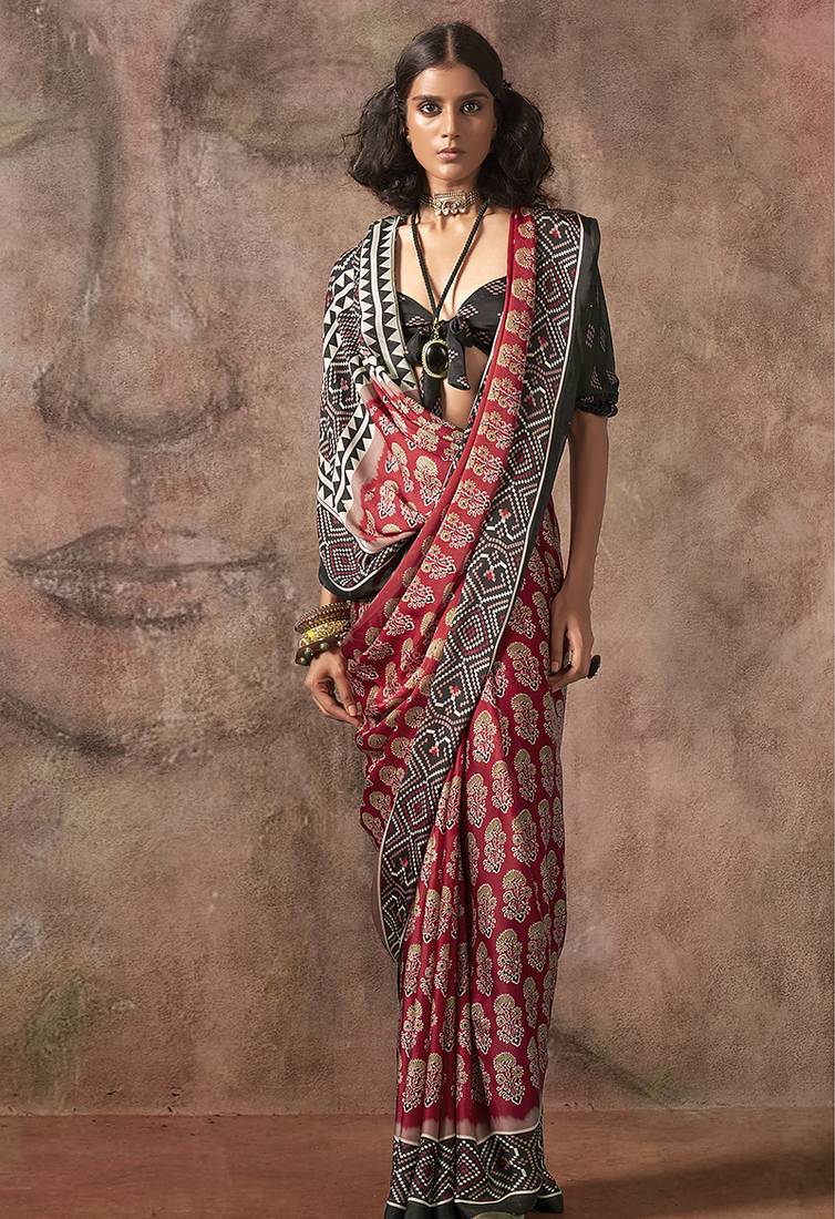 Red & Black Ajrakh Printed Satin Georgette Silk Saree ##color## Japan Satin Saree with premium fabric and embroidery