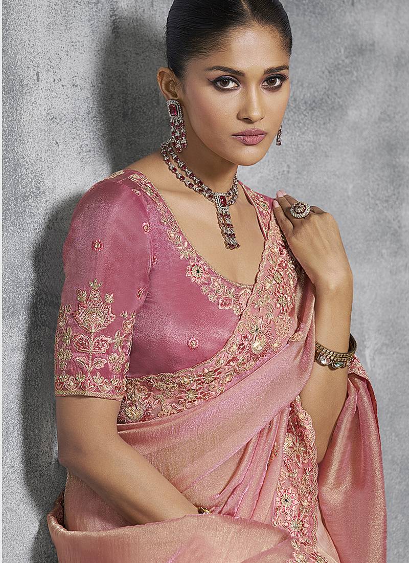 Light Pink Premium Zari Tissue Silk Bridal Saree ##color## Bridal Saree with premium fabric and embroidery