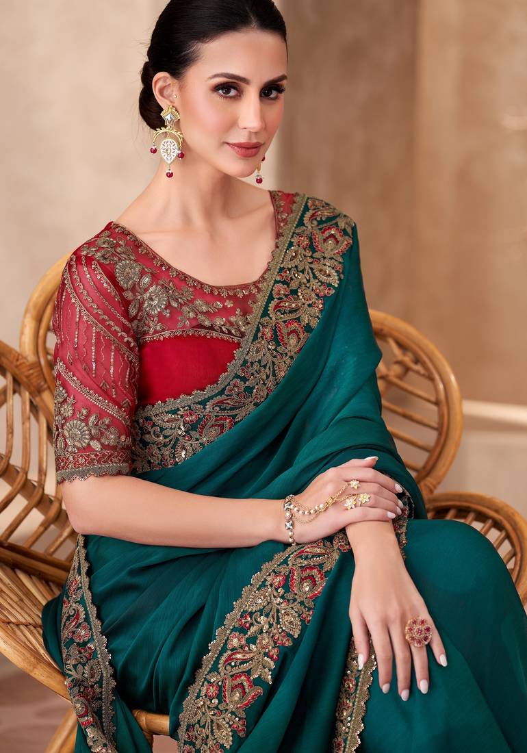 Teal Blue Pure Georgette Chiffon With Embroidery Sequins Saree 