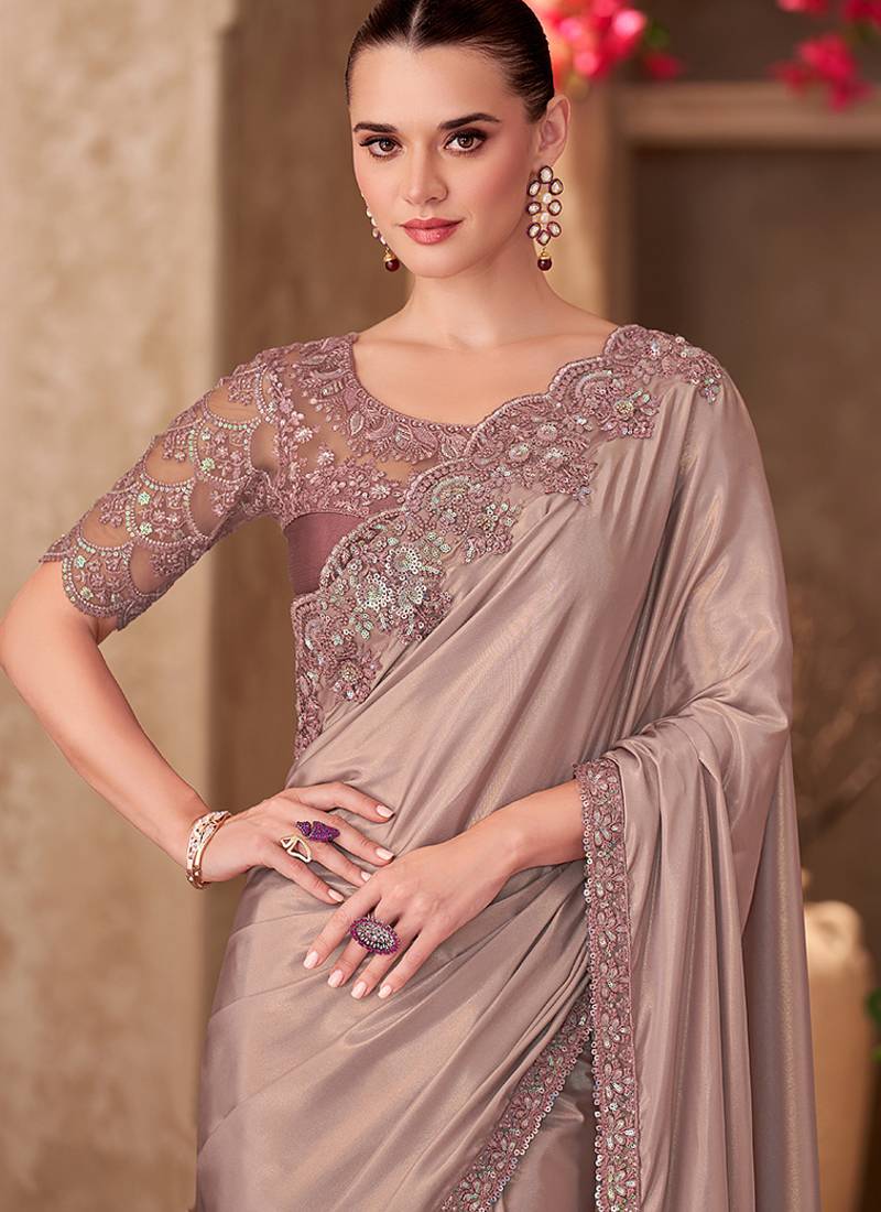 Beige Pure Georgette Chiffon With Embroidery Sequins Saree ##color## Georgette Saree with premium fabric and embroidery