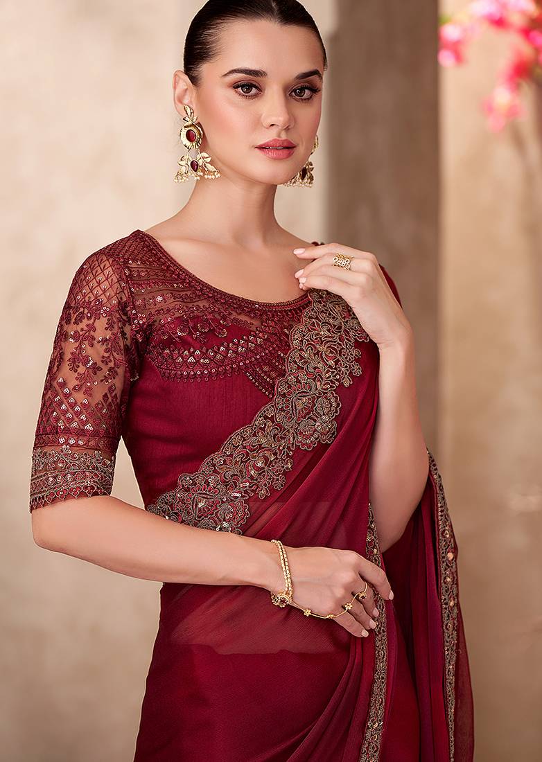 Maroon Pure Georgette Chiffon With Embroidery Sequins Saree 