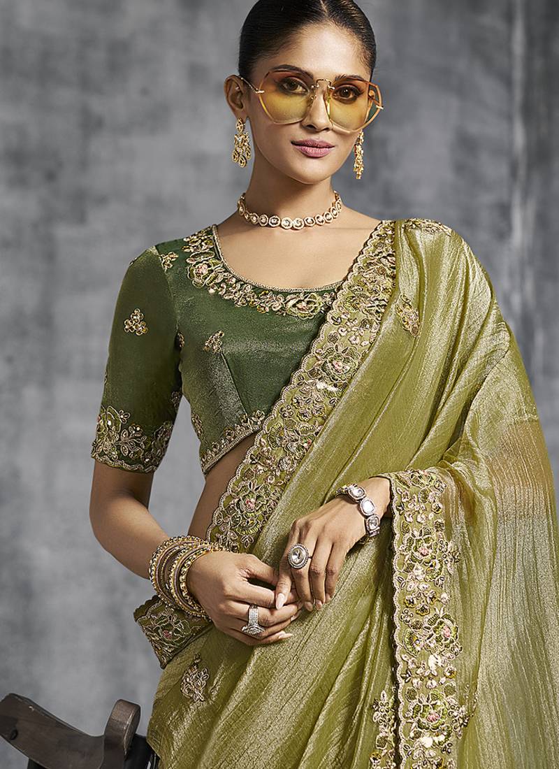 Olive Green Premium Zari Tissue Silk Bridal Saree 