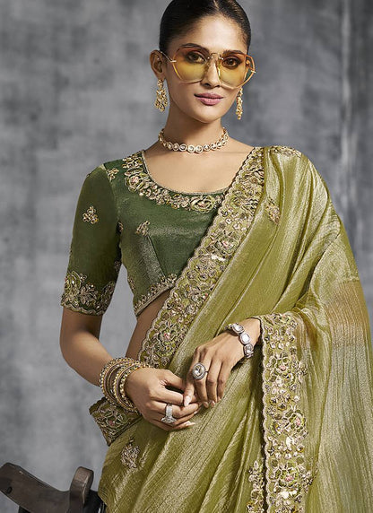 Olive Green Premium Zari Tissue Silk Bridal Saree 