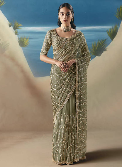 Light Olive Fancy Satin Organza Silk Zari Embroidered Sequins With Bridal Saree 
