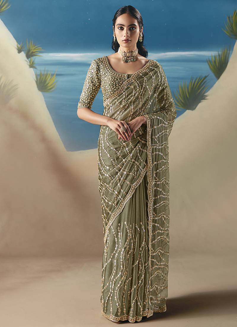 Light Olive Fancy Satin Organza Silk Zari Embroidered Sequins With Bridal Saree